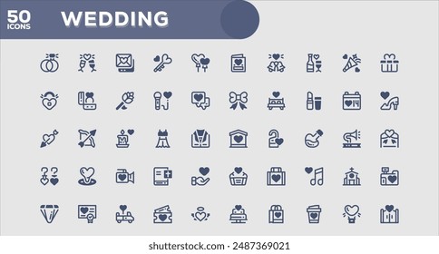 Set of 50 outline icons related to Wedding. Linear icon collection. Editable stroke. Vector illustration