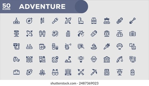 Set of 50 outline icons related to Adventure. Linear icon collection. Editable stroke. Vector illustration