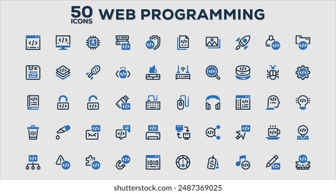 Set of 50 outline icons related to Web Programming. Linear icon collection. Editable stroke. Vector illustration