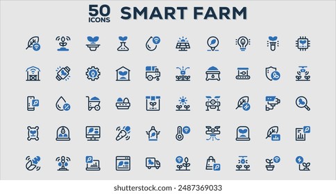 Set of 50 outline icons related to Smart Farm. Linear icon collection. Editable stroke. Vector illustration