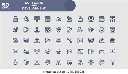 Set of 50 outline icons related to Software and Development. Linear icon collection. Editable stroke. Vector illustration