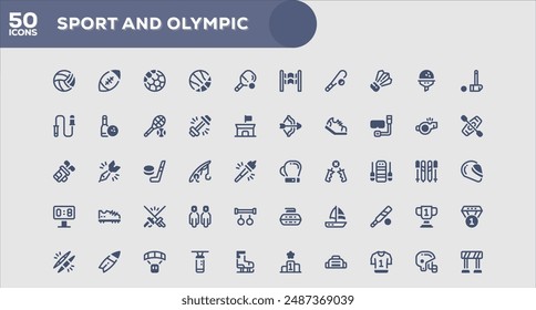 Set of 50 outline icons related to Sport and Olympic. Linear icon collection. Editable stroke. Vector illustration