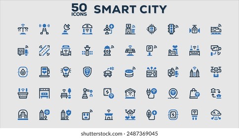 Set of 50 outline icons related to Smart City. Linear icon collection. Editable stroke. Vector illustration