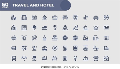 Set of 50 outline icons related to Travel and Hotel. Linear icon collection. Editable stroke. Vector illustration