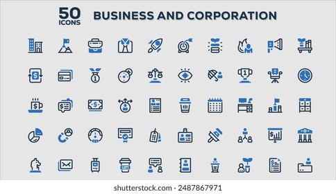 Conjunto de 50 iconos de esquema relacionados con Negocios y Corporación. Colección de iconos lineales. Trazo editable. Ilustración vectorial