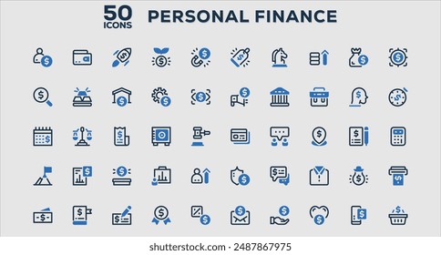 Set of 50 outline icons related to Personal Finance. Linear icon collection. Editable stroke. Vector illustration