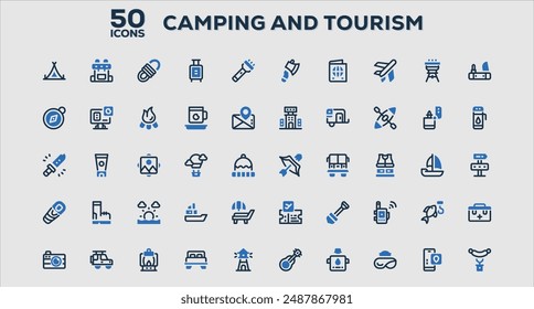 Set of 50 outline icons related to Camping and Tourism. Linear icon collection. Editable stroke. Vector illustration