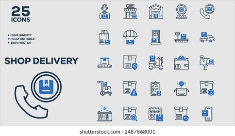 Set of 50 outline icons related to Shop Delivery. Linear icon collection. Editable stroke. Vector illustration