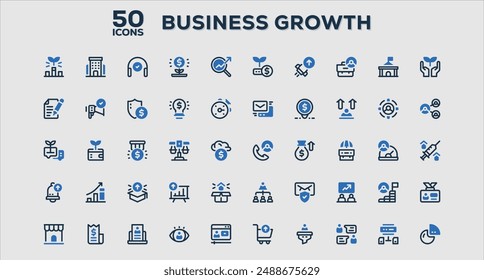 Set of 50 outline icons related to Business Growth. Linear icon collection. Editable stroke. Vector illustration