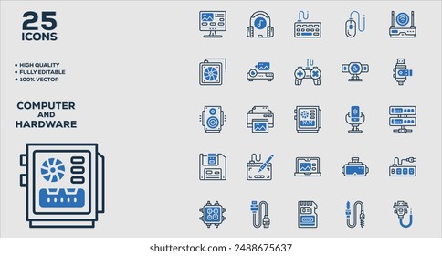 Set of 50 outline icons related to Computer and Hardware. Linear icon collection. Editable stroke. Vector illustration