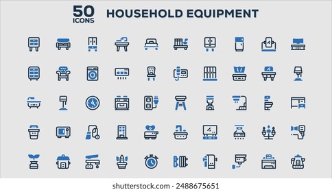 Set of 50 outline icons related to Household Equipment. Linear icon collection. Editable stroke. Vector illustration