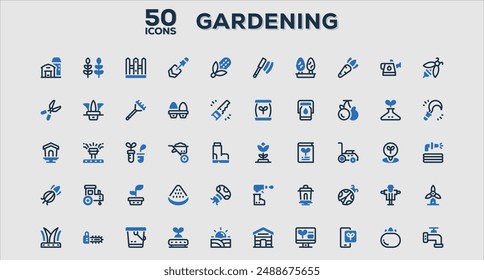 Set of 50 outline icons related to Gardening. Linear icon collection. Editable stroke. Vector illustration
