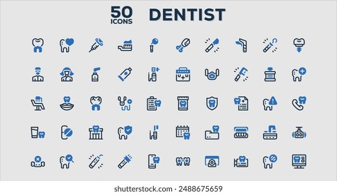 Set of 50 outline icons related to Dentist. Linear icon collection. Editable stroke. Vector illustration