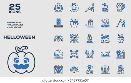 Conjunto de 50 iconos de contorno relacionados con Halloween. Colección de iconos lineales. Trazo editable. Ilustración vectorial