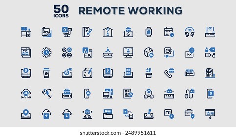 Set of 50 outline icons related to Remote Working. Linear icon collection. Editable stroke. Vector illustration