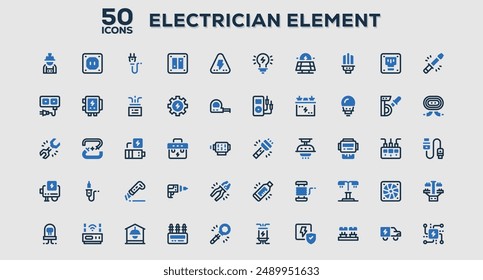 Set of 50 outline icons related to Electrician Element. Linear icon collection. Editable stroke. Vector illustration