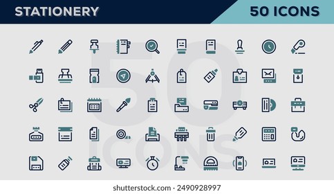 Set of 50 outline icons related to Stationery. Linear icon collection. Editable stroke. Vector illustration