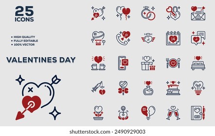 Set of 50 outline icons related to Valentines Day. Linear icon collection. Editable stroke. Vector illustration