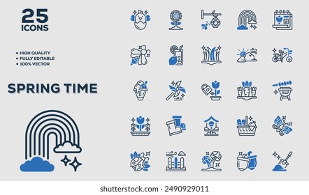 Set of 50 outline icons related to Spring Time. Linear icon collection. Editable stroke. Vector illustration