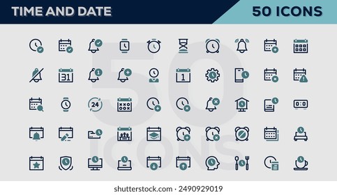 Set of 50 outline icons related to Time and Date. Linear icon collection. Editable stroke. Vector illustration