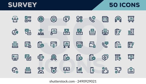 Set of 50 outline icons related to Survey. Linear icon collection. Editable stroke. Vector illustration