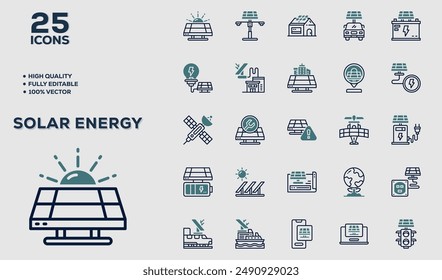 Set of 50 outline icons related to Solar Energy. Linear icon collection. Editable stroke. Vector illustration