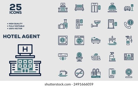 Set of 50 outline icons related to Hotel Agent. Linear icon collection. Editable stroke. Vector illustration