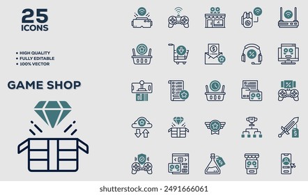Set of 50 outline icons related to Game Shop. Linear icon collection. Editable stroke. Vector illustration