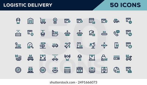 Set of 50 outline icons related to Logistic Delivery. Linear icon collection. Editable stroke. Vector illustration