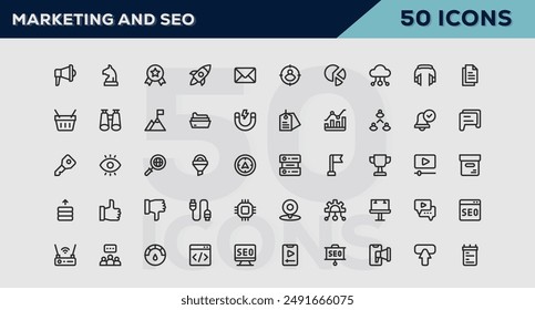 Set of 50 outline icons related to Marketing and Seo. Linear icon collection. Editable stroke. Vector illustration