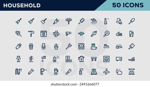 Set of 50 outline icons related to Household. Linear icon collection. Editable stroke. Vector illustration