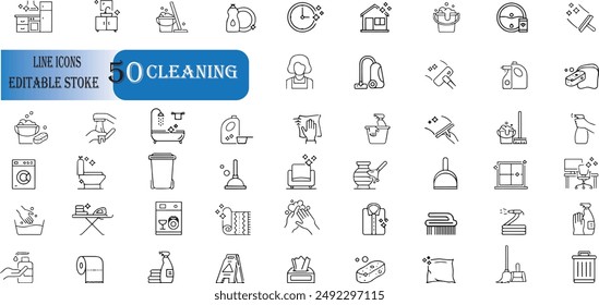 Set of 50 outline icons related to cleaning