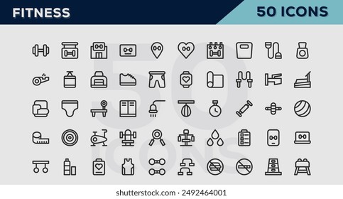 Set of 50 outline icons related to Fitness. Linear icon collection. Editable stroke. Vector illustration