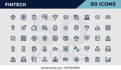 Conjunto de 50 iconos de esquema relacionados con Fintech. Colección de iconos lineales. Trazo editable. Ilustración vectorial