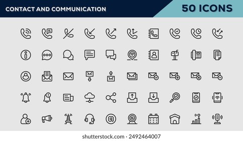 Conjunto de 50 iconos de esquema relacionados con el contacto y la comunicación. Colección de iconos lineales. Trazo editable. Ilustración vectorial