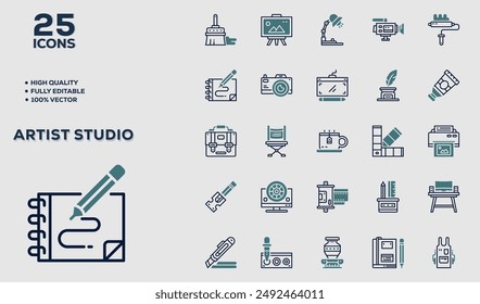 Set of 50 outline icons related to Artist Studio. Linear icon collection. Editable stroke. Vector illustration