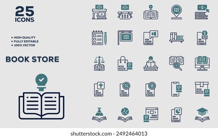 Set of 50 outline icons related to Book Store. Linear icon collection. Editable stroke. Vector illustration