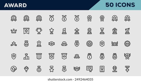 Set of 50 outline icons related to Award. Linear icon collection. Editable stroke. Vector illustration