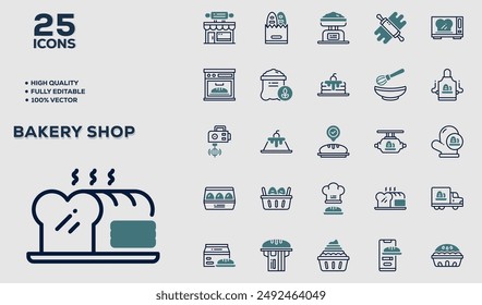 Set of 50 outline icons related to Bakery Shop. Linear icon collection. Editable stroke. Vector illustration