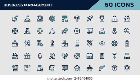 Set of 50 outline icons related to Business Management. Linear icon collection. Editable stroke. Vector illustration