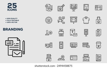 Set of 50 outline icons related to Branding. Linear icon collection. Editable stroke. Vector illustration