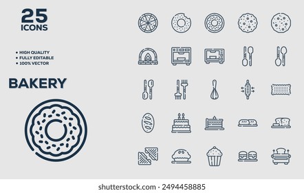 Set of 50 outline icons related to Bakery. Linear icon collection. Editable stroke. Vector illustration