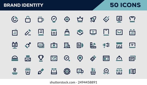 Set of 50 outline icons related to Brand Identity. Linear icon collection. Editable stroke. Vector illustration