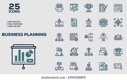 Set of 50 outline icons related to Business Palnning. Linear icon collection. Editable stroke. Vector illustration