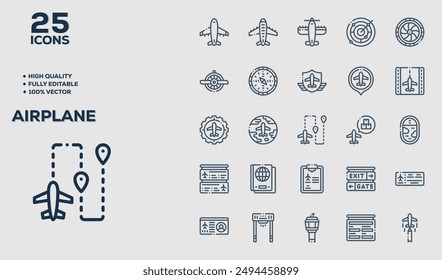 Set of 50 outline icons related to Airplane. Linear icon collection. Editable stroke. Vector illustration