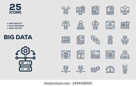 Conjunto de 50 iconos de esquema relacionados con Big Data. Colección de iconos lineales. Trazo editable. Ilustración vectorial