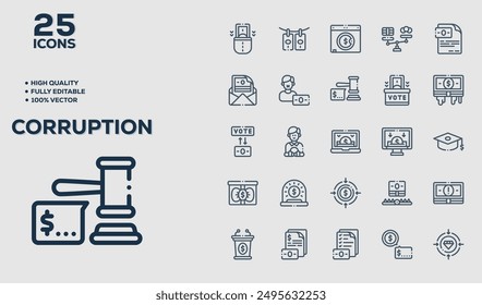 Set of 50 outline icons related to Corruption. Linear icon collection. Editable stroke. Vector illustration