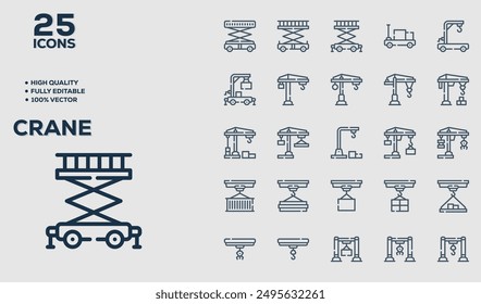 Set of 50 outline icons related to Crane. Linear icon collection. Editable stroke. Vector illustration