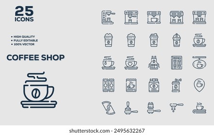 Conjunto de 50 iconos de contorno relacionados con la cafetería. Colección de iconos lineales. Trazo editable. Ilustración vectorial