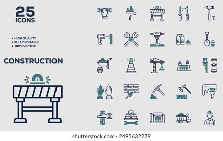 Set of 50 outline icons related to Construction. Linear icon collection. Editable stroke. Vector illustration